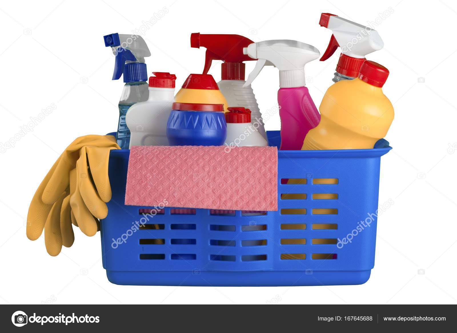Plastic basket with cleaning supplies hi-res stock photography and