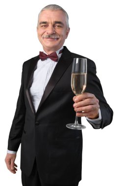 Festival cam beyaz arka plan üzerinde izole holding üst düzey yakışıklı iş adamı