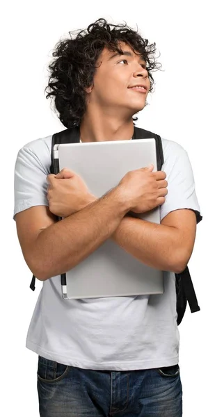 Student Man Met Laptop Geïsoleerd Witte Achtergrond — Stockfoto