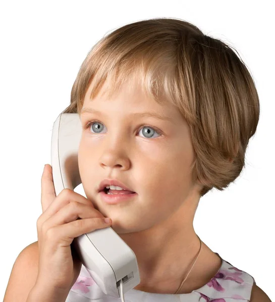 Крупный План Милой Маленькой Девочки Помощью Телефона Изолированы Белом Фоне — стоковое фото