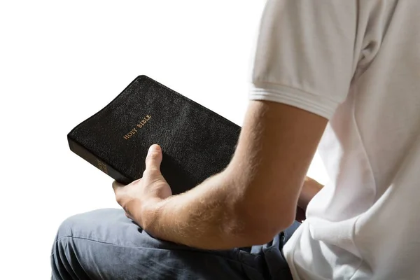 Homem Segurando Livro Bíblico Isolado Fundo Branco — Fotografia de Stock