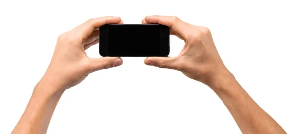Händer Som Visar Mobiltelefon Isolerad Vit — Stockfoto