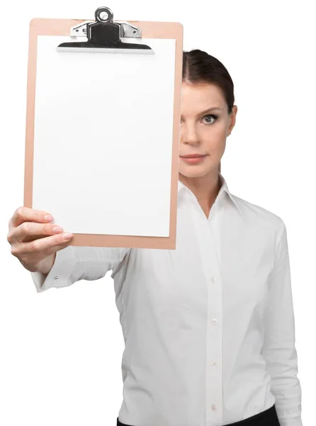 Young Beautiful Businesswoman Clipboard White — Stock Photo, Image