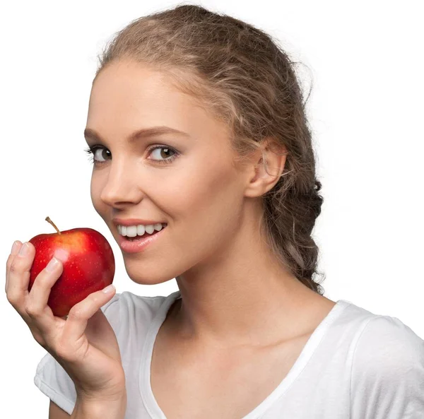 Νεαρή γυναίκα με μήλο — Φωτογραφία Αρχείου