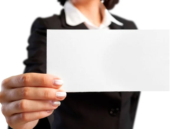 Woman Holding Blank Card Isolated White — Stock Photo, Image