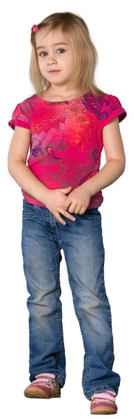 Niedliches Kleines Mädchen Rosa Hemd Isoliert Auf Weißem Hintergrund — Stockfoto