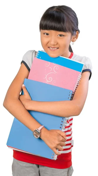 Beyaz Arka Plan Üzerinde Izole Defter Tutan Küçük Kız — Stok fotoğraf