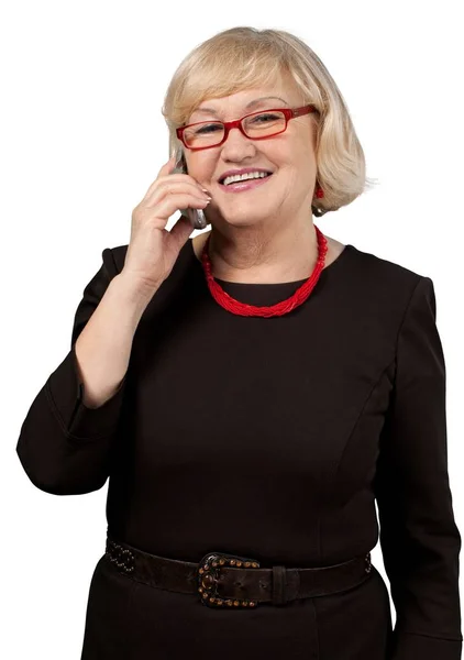 Mature Femme Affaires Parler Téléphone Isolé Sur Fond Blanc — Photo
