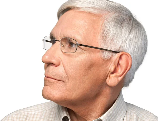 Thoughtful Senior Man Eyeglasses Isolated White — Stock Photo, Image