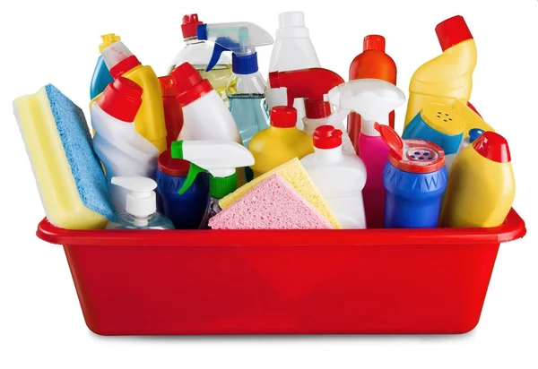 Cleaning supplies in basket — Stock Photo, Image