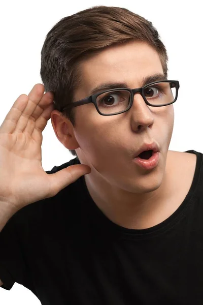 Mladý Pohledný Muž Naslouchal Rukou Uchu — Stock fotografie