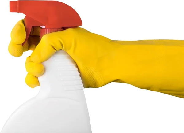 Hand in de handschoen met de reiniger — Stockfoto