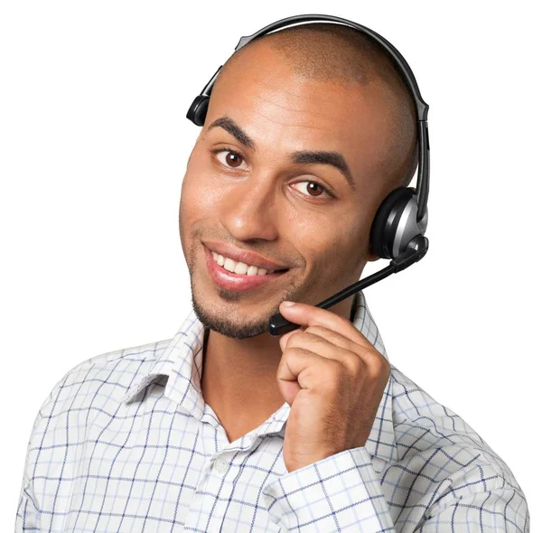 Retrato de um homem sorridente com fone de ouvido — Fotografia de Stock