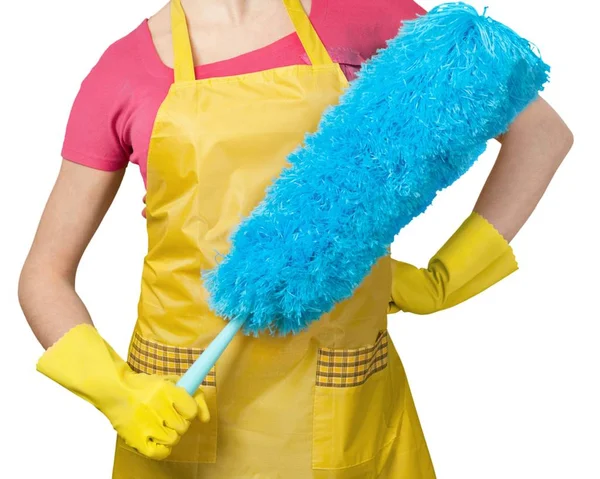 Kobieta Cleaner Wyposażeniem Białym Tle — Zdjęcie stockowe
