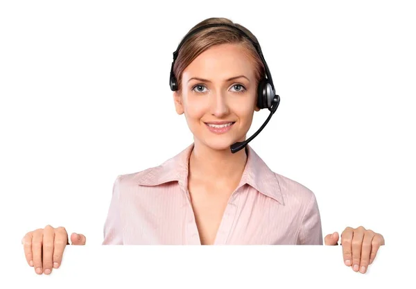 Business woman in headset holding signboard — стоковое фото