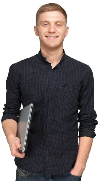 Jonge Man Met Laptop Geïsoleerd Witte Achtergrond — Stockfoto