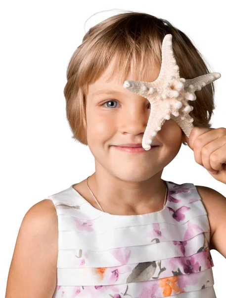 Close Cute Little Girl Seashell Isolated White Background — Stock Photo, Image