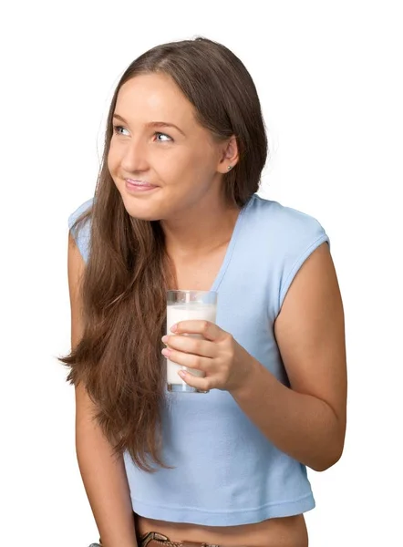 Jovem Bonito Menina Beber Leite Isolado Fundo Branco — Fotografia de Stock