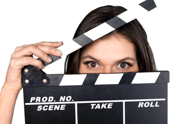 Giovane donna con un clapperboard film — Foto Stock