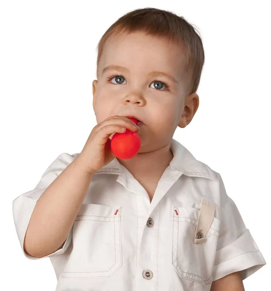 Carino Bambino Ragazzo Con Rosso Aria Palla Isolato Sfondo Bianco — Foto Stock