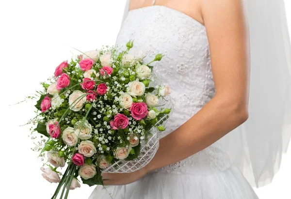 Beyaz arka plan üzerinde beyaz gelinlik içinde güzel bir gelin elbise