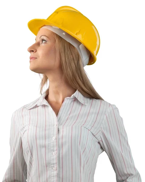 Young Business Woman Yellow Helmet Isolated White Background — Stock Photo, Image