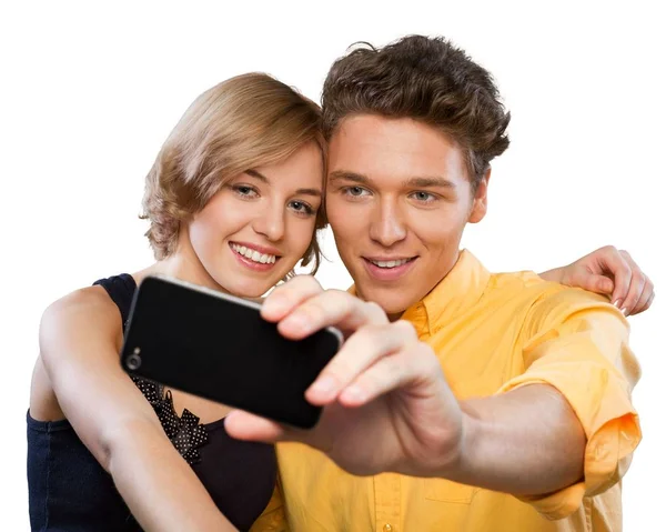 Leuk Jong Stel Met Behulp Van Slimme Telefoon Geïsoleerd Witte — Stockfoto