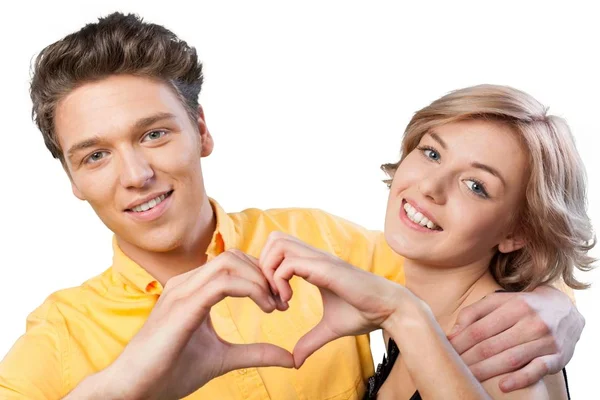 Bonito Jovem Casal Mostrando Sinais Coração Isolado Fundo Branco — Fotografia de Stock