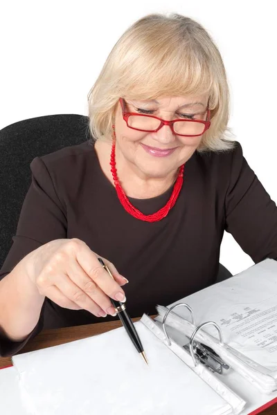 Mature Businesswoman Working Documents Isolated White Background — Stock Photo, Image