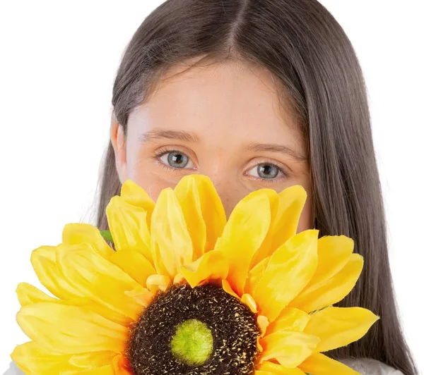 Carina bambina con girasole — Foto Stock