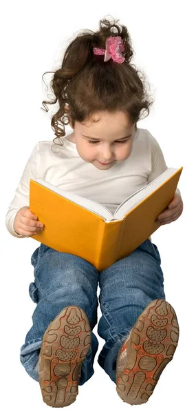 Little Girl Reading Book Isolated White Background — Stock Photo, Image