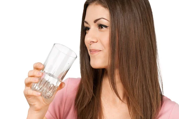 Jovem Mulher Bebendo Água Isolada Fundo Branco — Fotografia de Stock