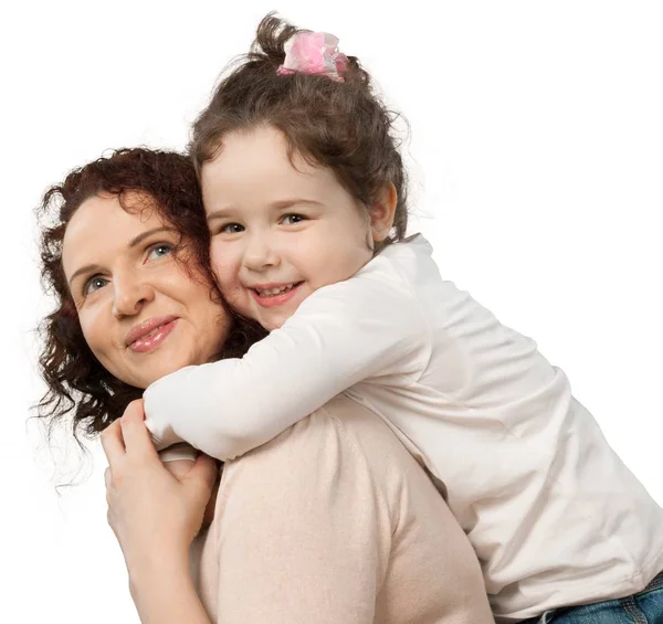 母亲和女儿拥抱在白色背景隔离 — 图库照片