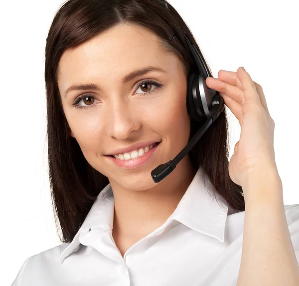 Joven mujer de negocios en auriculares —  Fotos de Stock