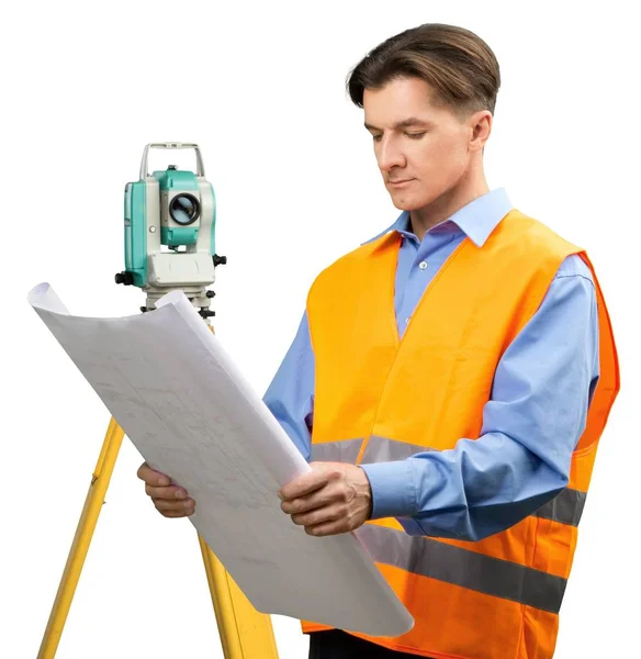 Landmeter Ingenieur Werken Met Theodolieten Geïsoleerd Witte Achtergrond — Stockfoto