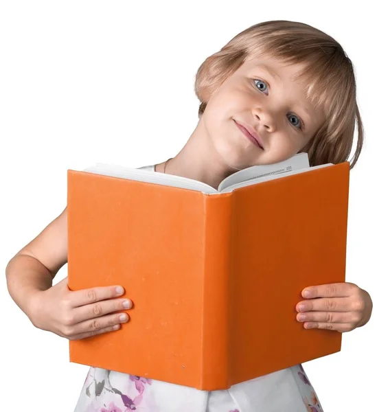 Niedliches Mädchen Liest Buch Auf Weißem Hintergrund — Stockfoto