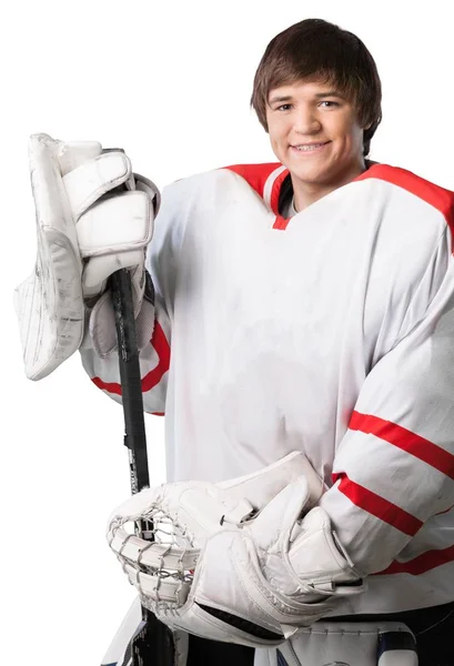 Mężczyzna Hokeista Kask Trzyma Kija Hokejowego Białym Tle — Zdjęcie stockowe