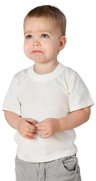 Сумний Хлопчик Плаче Ізольовано Білому Тлі — стокове фото