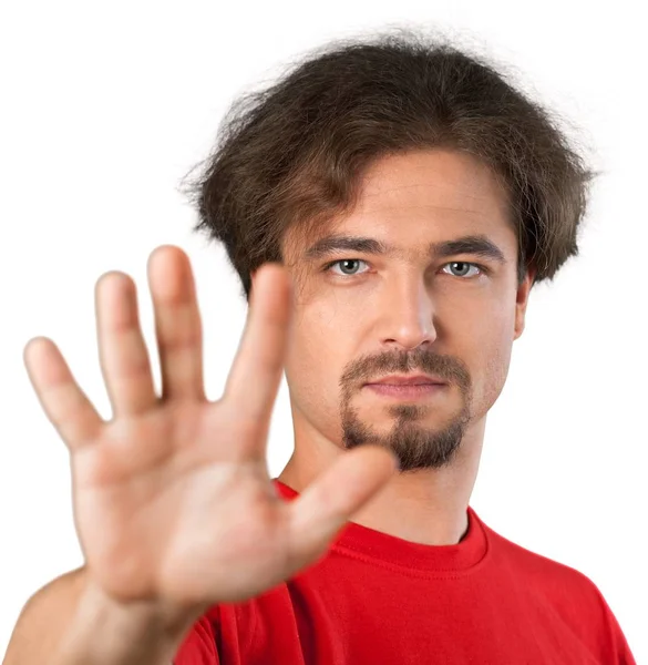 Jonge Knappe Man Een Rood Shirt Geïsoleerd Witte Achtergrond — Stockfoto