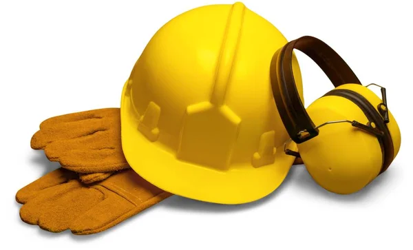 Hardhat, gloves and headphones — Stock Photo, Image