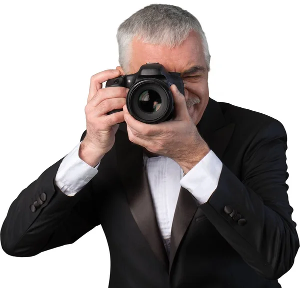 Close Homem Sênior Terno Com Câmera Isolada Fundo Branco — Fotografia de Stock