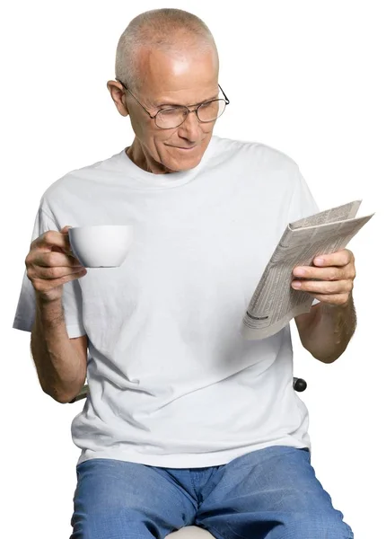 Close Van Senior Man Wit Overhemd Holding Cup Geïsoleerd Witte — Stockfoto