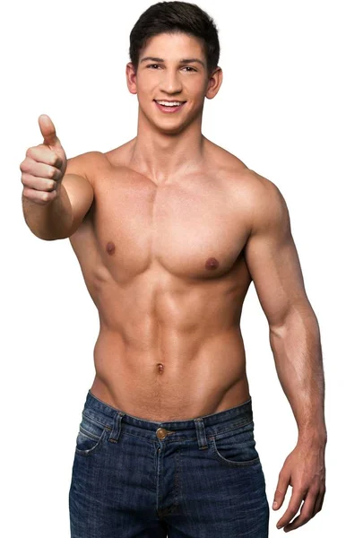 Muscular Man Showing Thumb Isolated White Background — Stock Photo, Image