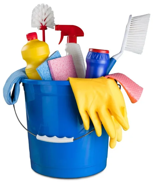 Cleaning supplies in bucket — Stock Photo, Image