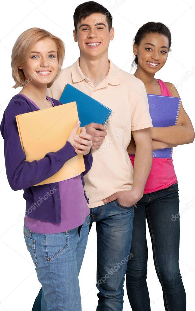 Group of Students with books isolated on white 