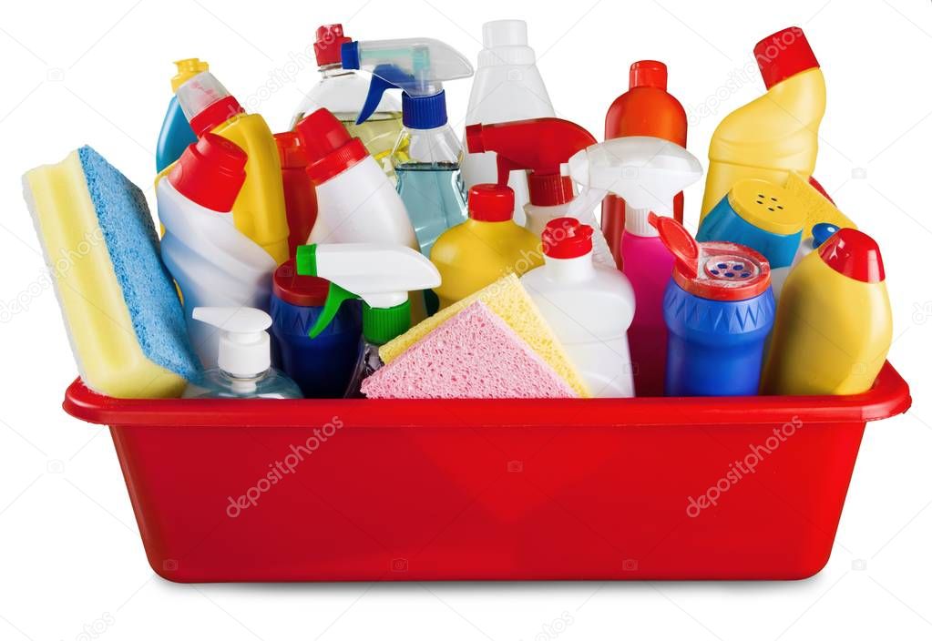 Cleaning supplies in basket
