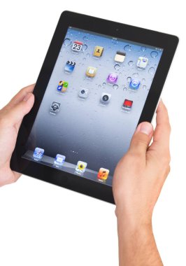Beyaz arka plan üzerinde izole dijital tablet holding iş adamı Close-Up 