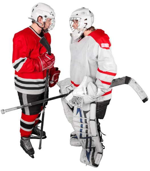 Junge Sportliche Männer Hockey Spielen Isoliert Auf Weißem Hintergrund — Stockfoto
