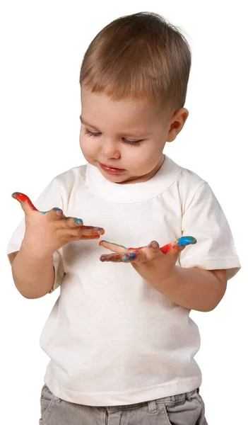 Bebé Niño Con Pintura Color Las Manos Aisladas Sobre Fondo —  Fotos de Stock