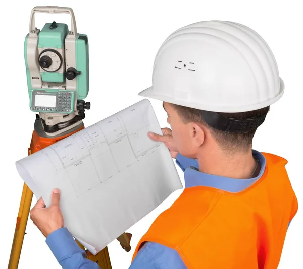Surveyor engineer working with theodolite — Stock Photo, Image